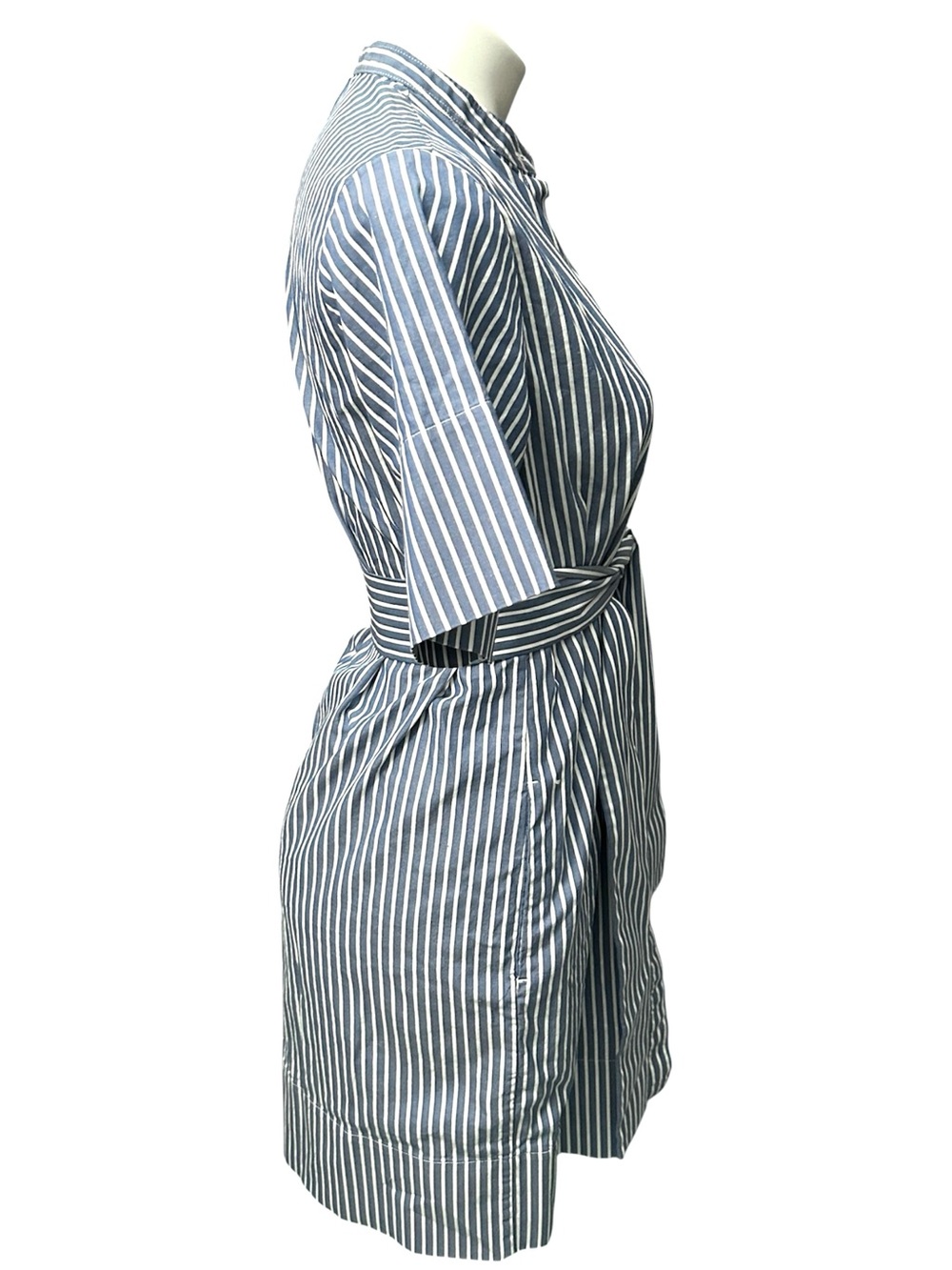 Everlane Blue & White Striped Collarless Cotton Belted Shirtdress - Size 2 - Picture 6 of 13